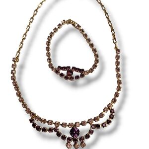 Vtg Gold Tone Dark Purple & Lavender Rhinestone Necklace 16.5" Bracelet 6.5" Set